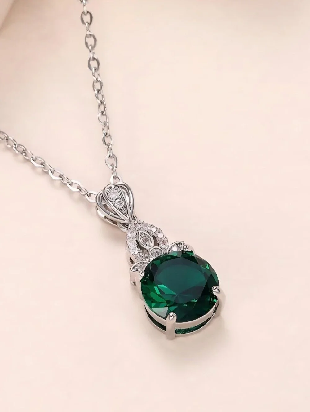 Emerald Green Cubic Zirconia Pendant Necklace - Women Jewelry